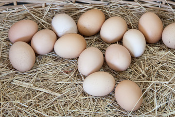 Eggs with a brown shell lie in a wicker basket on a straw mat