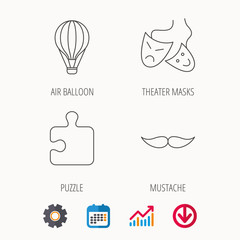 Puzzle, air balloon and theater masks icons.