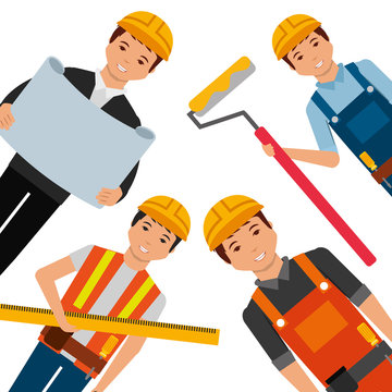 construction workers wearing yellow helmet differents uniform and tools vector illustration