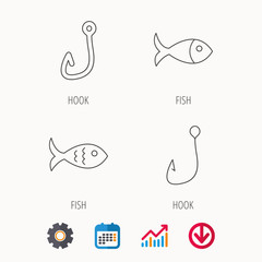 Fishing hook and fish icons.