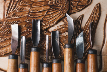wood carving craft tools, wood engraving texture,