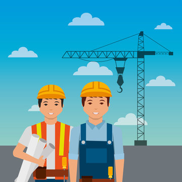 construction workers with helmet crane on sky background vector illustration