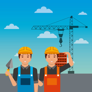 construction workers with spatula bricks crane on sky background vector illustration