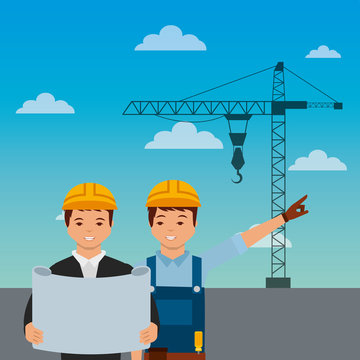 construction workers engineer foreman blueprint crane on sky background vector illustration