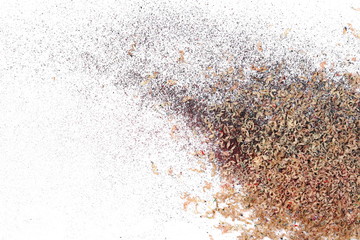 Wooden pencil shavings from sharpener isolated on white background, top view