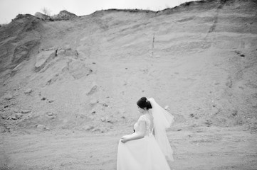 Fototapeta na wymiar Portrait of a bride holding a wedding bouquet of red flowers and posing alone in sand quarry. Black and white photo.