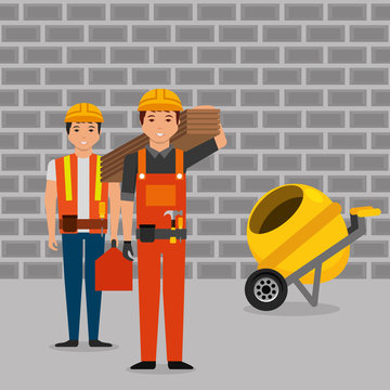 construction workers wooden board toolkit and mixer concrete wall brick gray vector illustration