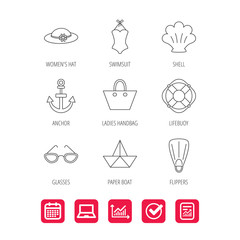 Paper boat, shell and swimsuit icons.