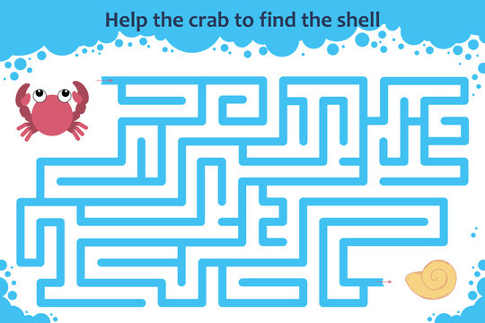 Vector maze game. Help the crab to find the shell. Children educational game