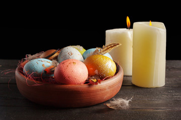 Happy easter! Easter eggs on wooden background