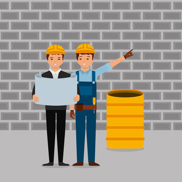 construction workers engineer foreman blueprint and barrel wall brick gray vector illustration