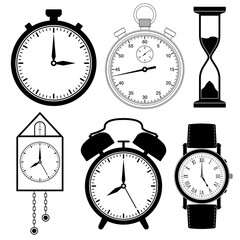 Clock icons set. Black flat collection of different clocks