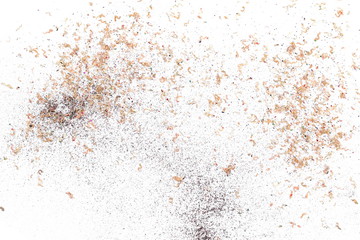 Wooden pencil shavings from sharpener isolated on white background, top view