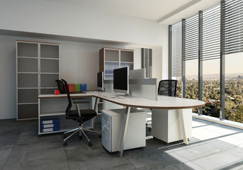 Modern office interior with large windows