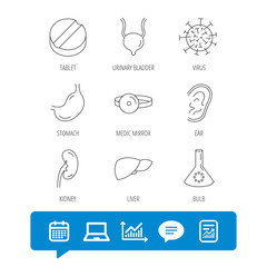 Virus, tablet and stomach organ icons.