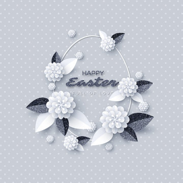 Happy Easter greeting card. Paper cut flowers with glitter frame, holiday background. Vector illustration.