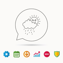 Rain and sun icon. Water drops with cloud sign.