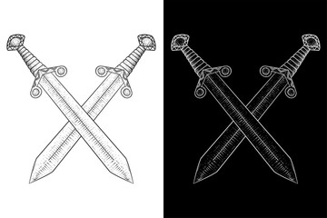 Crossed swords. Viking weapon. Hand drawn sketch