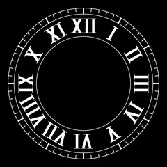 Clock face with roman numerals on black background