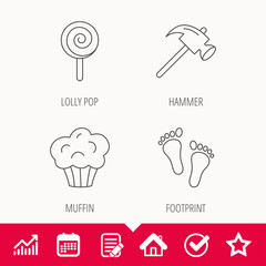 Footprint, lolly pop and muffin icons.