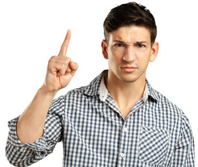 man points with his finger