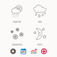 Weather, snowflakes and rain icons. Moon night.