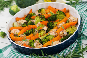 Dietary menu. Baked chicken filet with a broccoli and pumpkin with spicy herb