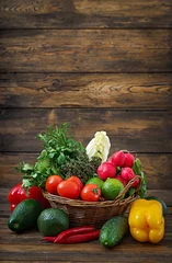 Foto op Plexiglas Groenten Composition with assorted raw organic vegetables and fruits. Detox diet