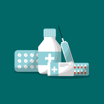 medicine packaging capsule syringe pills vector illustration