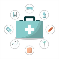first aid suitcase urgency cure band scissors sthetoscope pills vector illustration