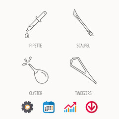 Pipette, medical scalpel and clyster icons.