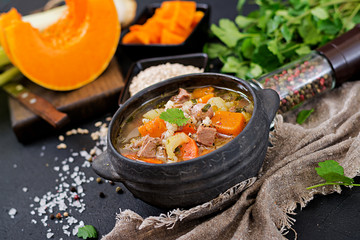 Thick soup with beef, pearl barley, pumpkin and celery. Dietary menu.
