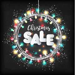 Christmas lights on black background. New year garland. Sale illustration for holiday.