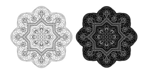 Mandala. Ethnic Amulet. Black and white decorative element, round ornamental geometric doily pattern.