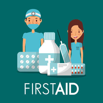 surgeon doctor and nurse with first aid medicine vector illustration