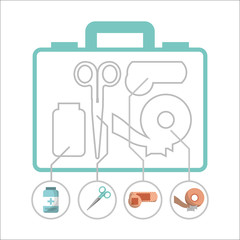 first aid kit scissors band plaster and bottle silhouette vector illustration