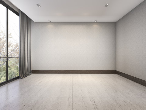 3d Rendering Empty White Minimal Room With Nice Wallpaper Near Window