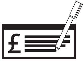 Pound Sterling currency icon or logo vector on a pay check or cheque. Symbol for United Kingdom or Great Britain and England bank, banking or British and English finances