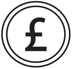 Pound or Pound Sterling currency icon or logo vector over a coin. Symbol for United Kingdom or Great Britain and England bank, banking or British and English finances.