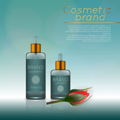 Vector 3D cosmetic illustration with rose and bokeh background. Beauty realistic cosmetic product design template.