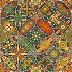 Seamless pattern with decorative mandalas. Vintage mandala elements. Colorful patchwork.