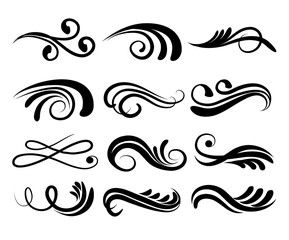 Swirly line curl patterns isolated on white background. Vector flourish vintage embellishments for greeting cards. Collection of filigree frame decoration illustration