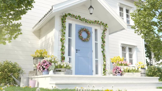 spring decorated porch with a lot of flowers. 3d rendering