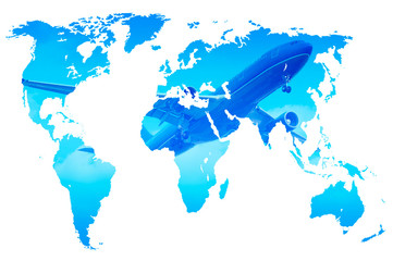 plane over blue gradient world map, double exposure, isolated