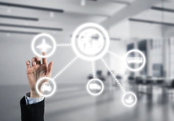 Modern office interior and close of businesswoman hand choosing 