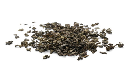 Green tea leaves isolated on white background