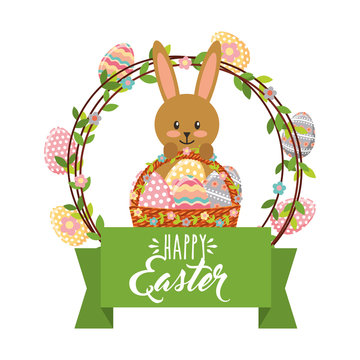 cute bunny with basket and frame eggs decoration happy easter vector illustration