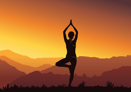 Yoga background. Silhouette of young woman practicing yoga at river front - Vector illustration
