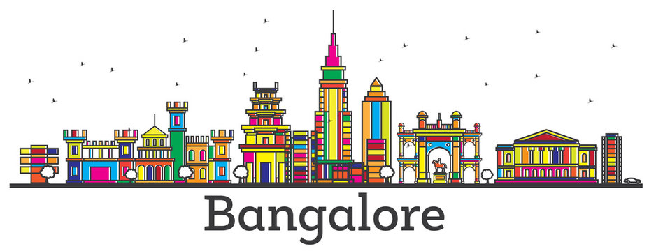 Outline Bangalore India City Skyline with Color Buildings Isolated on White.