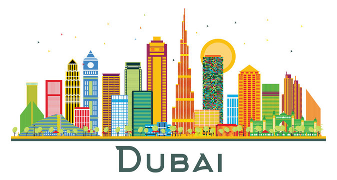 Dubai UAE City Skyline with Color Buildings.